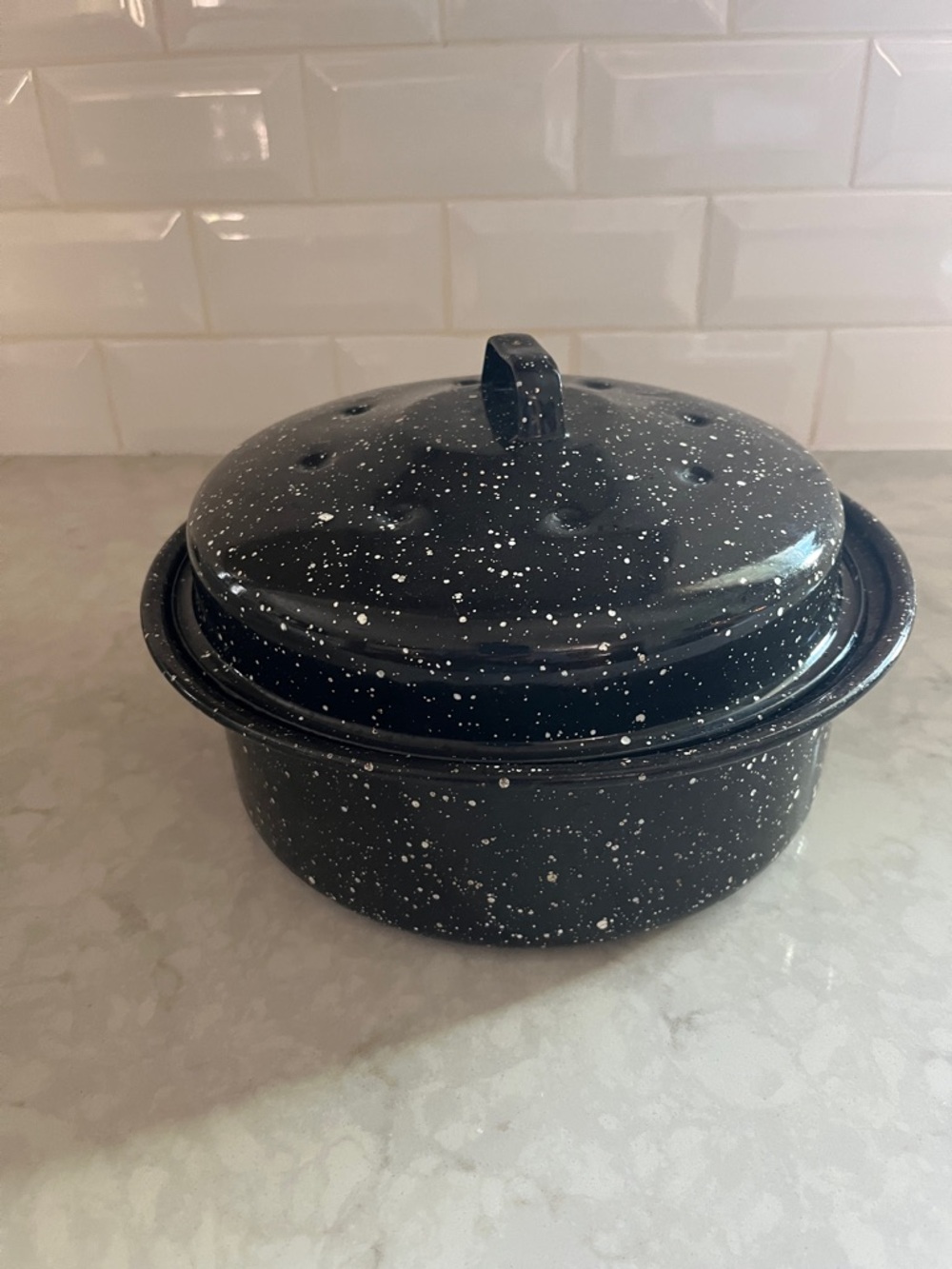 Small Vintage Black Enamel Speckled round Roaster Pan Thanksgiving